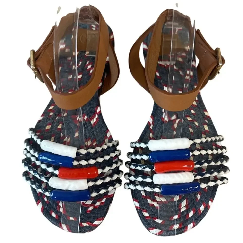 Tory Burch Beaded Espadrille Sandals Red‎ White Blue 7 Nautical